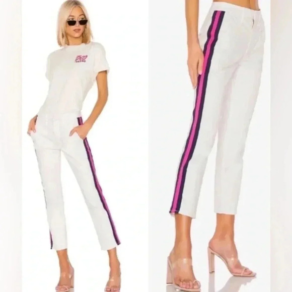 Mother The Straight Ankle Prep White Cropped Jeans Chalk Racer Stripe Size 27 - Picture 1 of 10